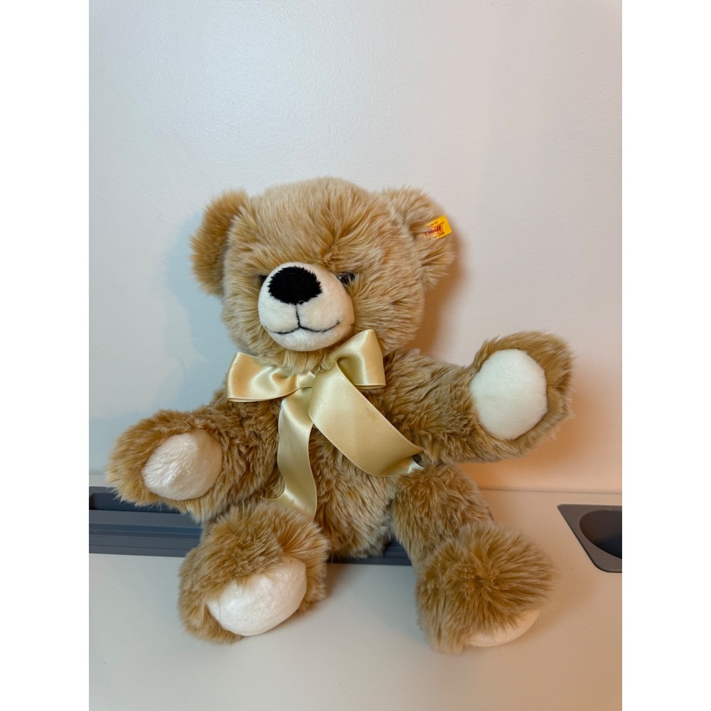 Steiff Bobby Teddy Bear Unisex 16in Tan Plush Shaggy Fur 013461 Bow 013478